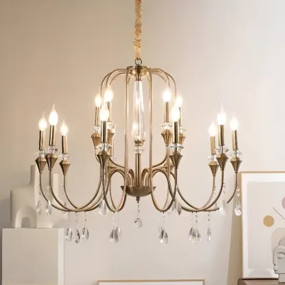 Mid-Century Modern Golden Sleek Candle Chandelier with Crystal Image - 1