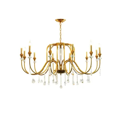 Mid-Century Modern Golden Sleek Candle Chandelier with Crystal Image - 12