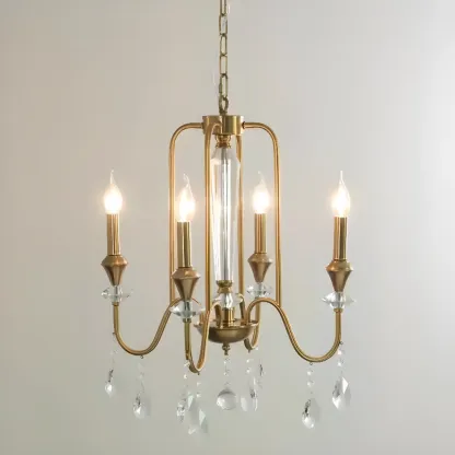 Mid-Century Modern Golden Sleek Candle Chandelier with Crystal Image - 7
