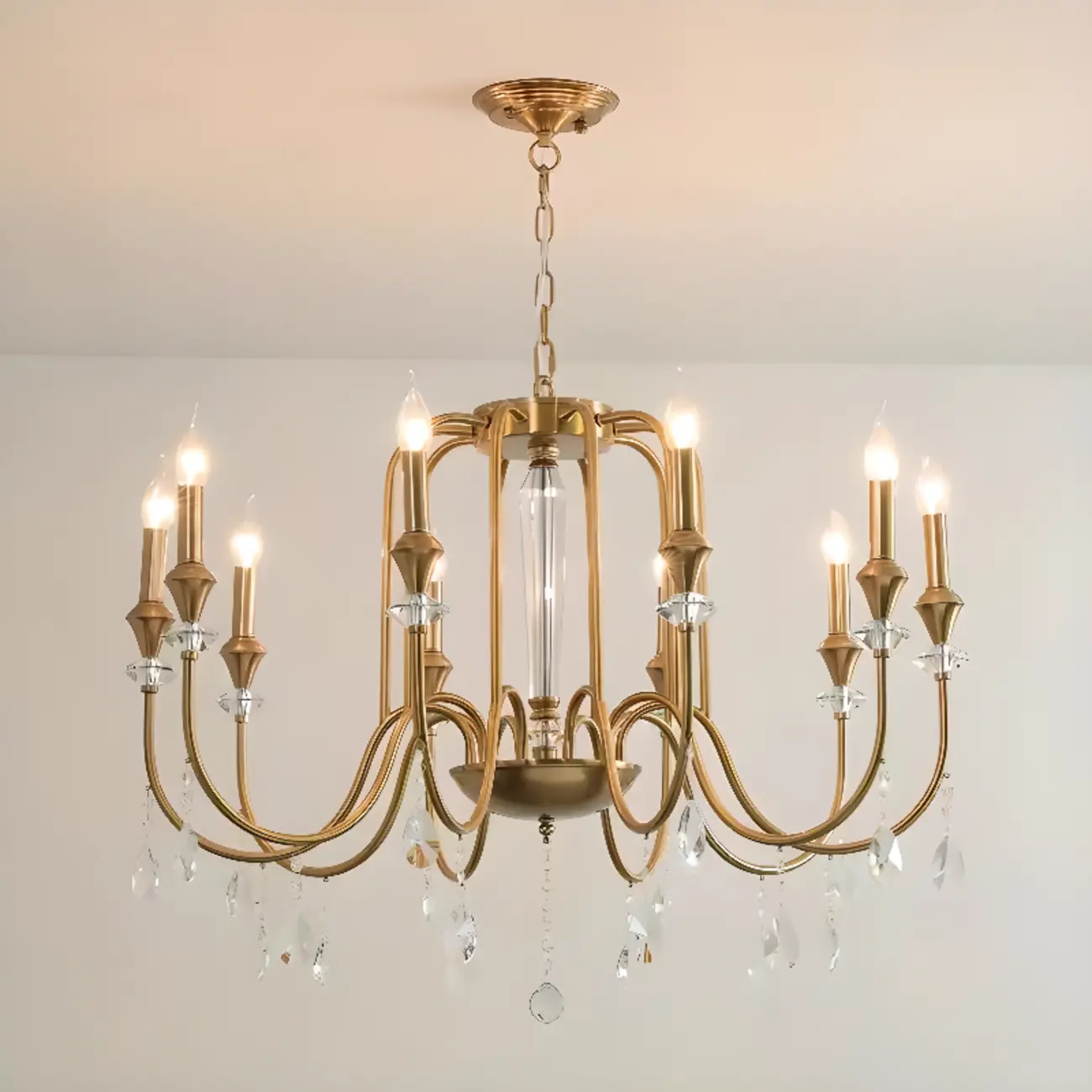 Mid-Century Modern Golden Sleek Candle Chandelier with Crystal Image - 2 | homeyfad