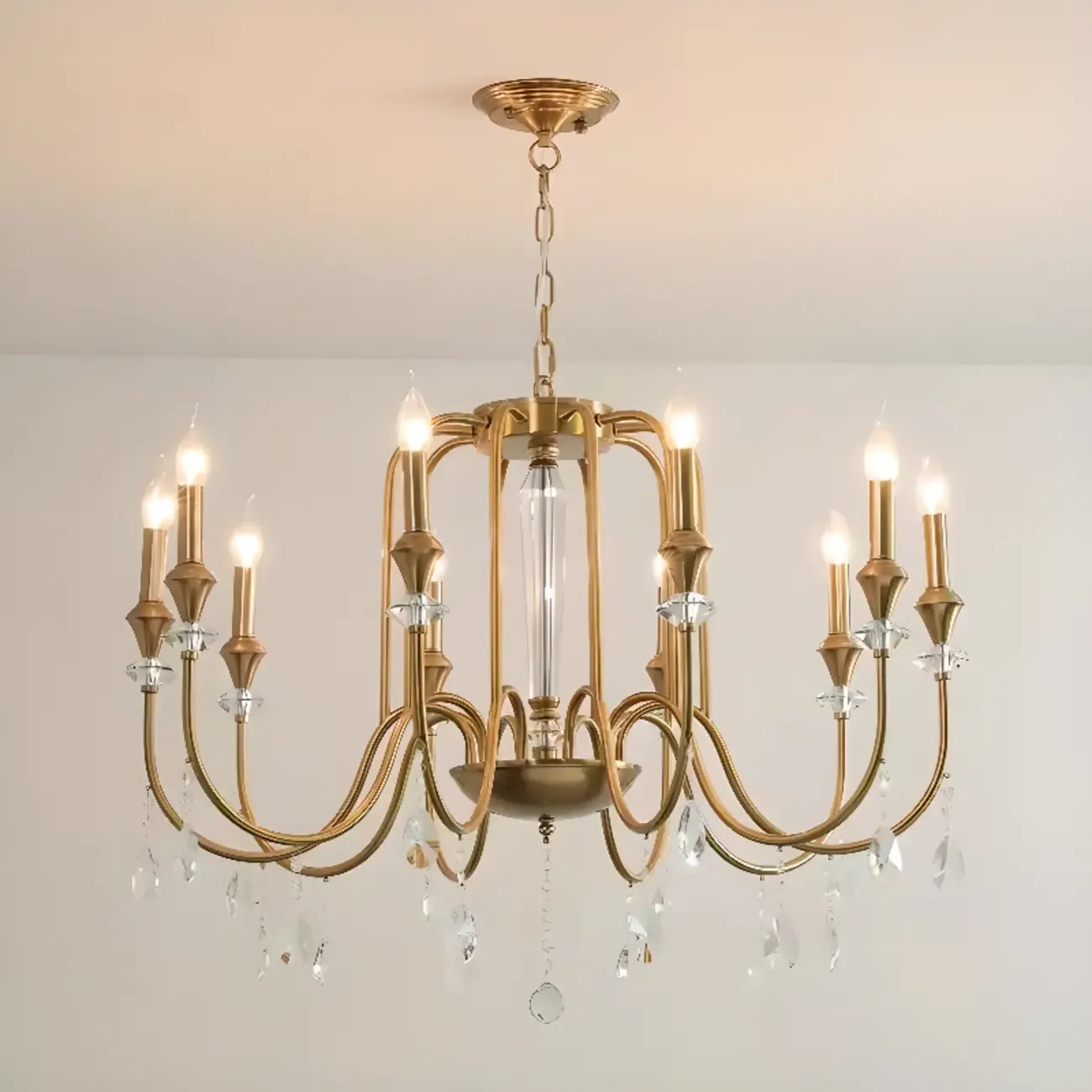 Mid-Century Modern Golden Sleek Candle Chandelier with Crystal Image - 2
