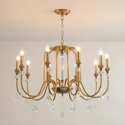 Mid-Century Modern Golden Sleek Candle Chandelier with Crystal Image - 2