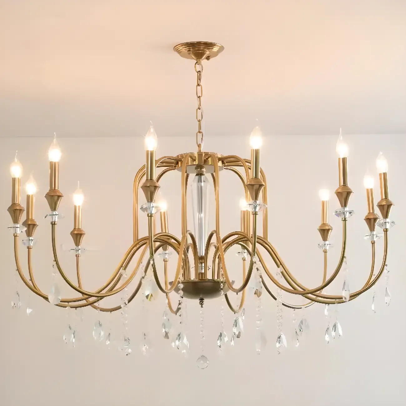 Mid-Century Modern Golden Sleek Candle Chandelier with Crystal Image - 3