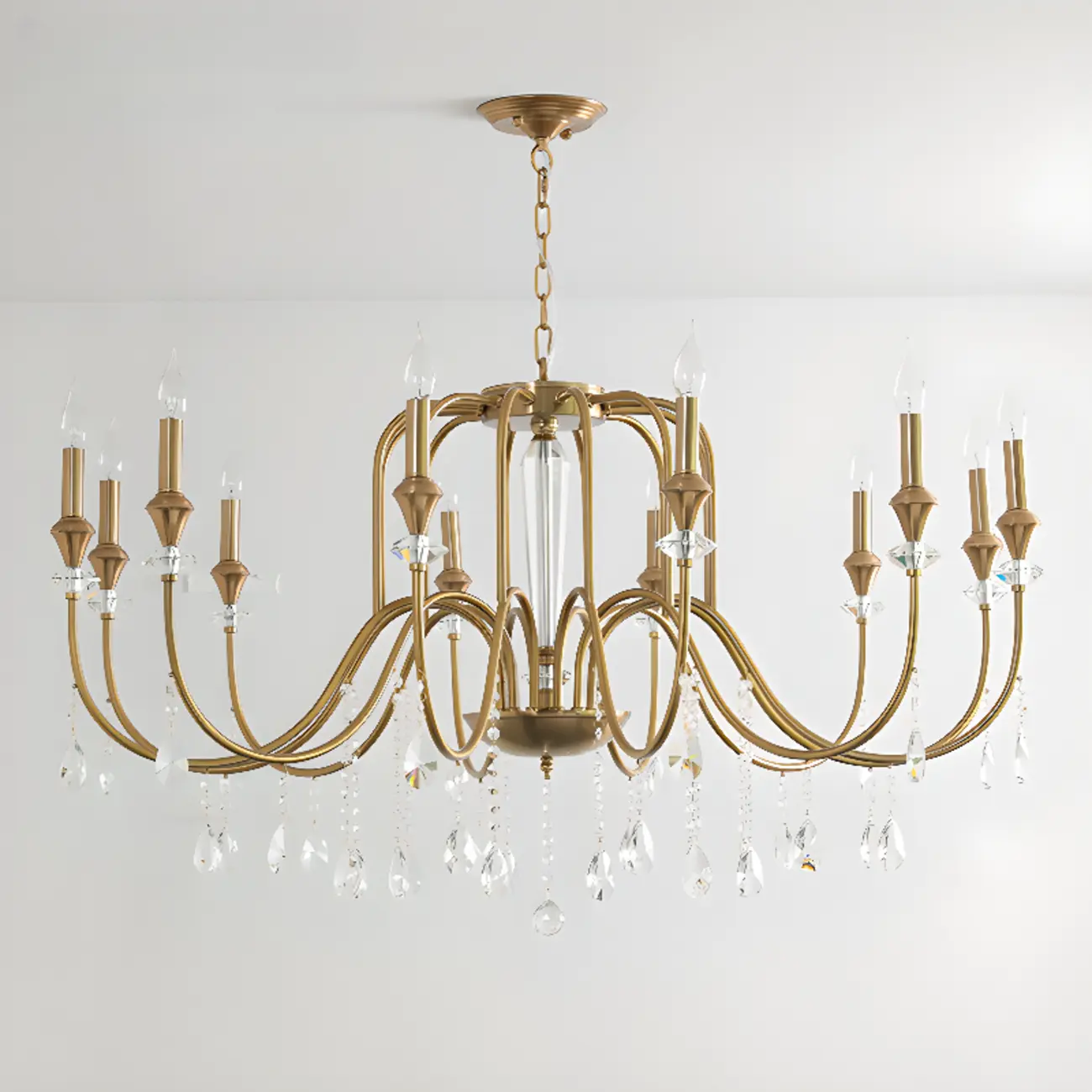 Mid-Century Modern Golden Sleek Candle Chandelier with Crystal Image - 8 | homeyfad