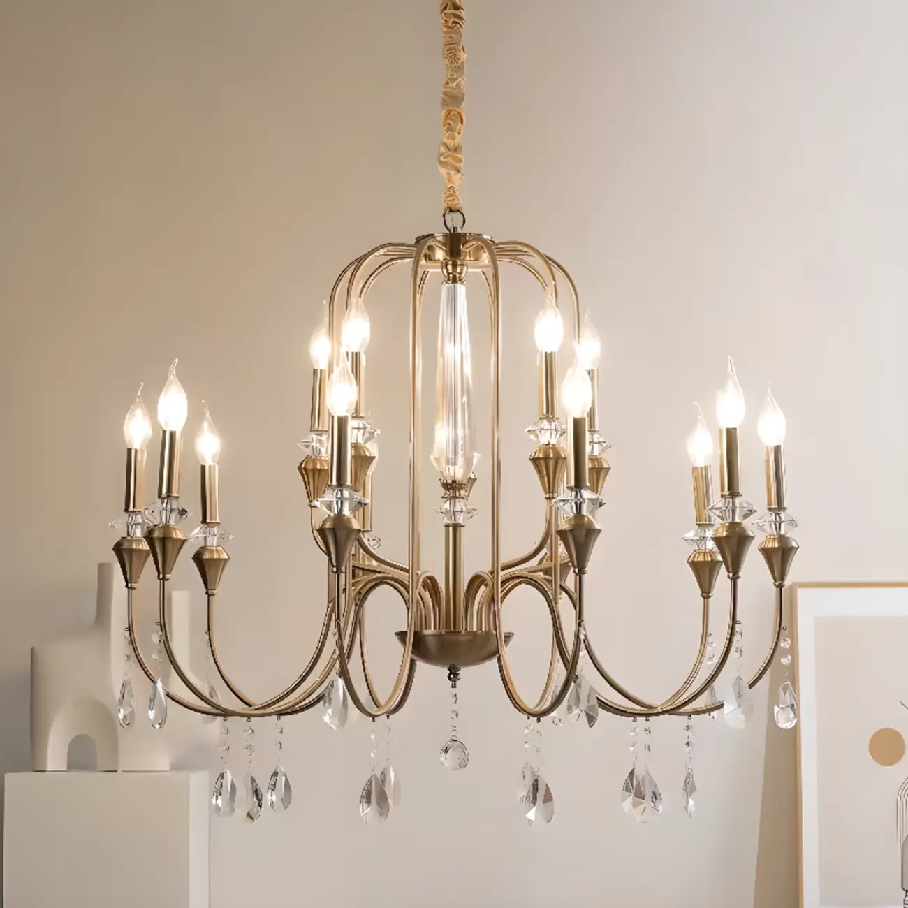 Mid-Century Modern Golden Sleek Candle Chandelier with Crystal Image - 6 | homeyfad