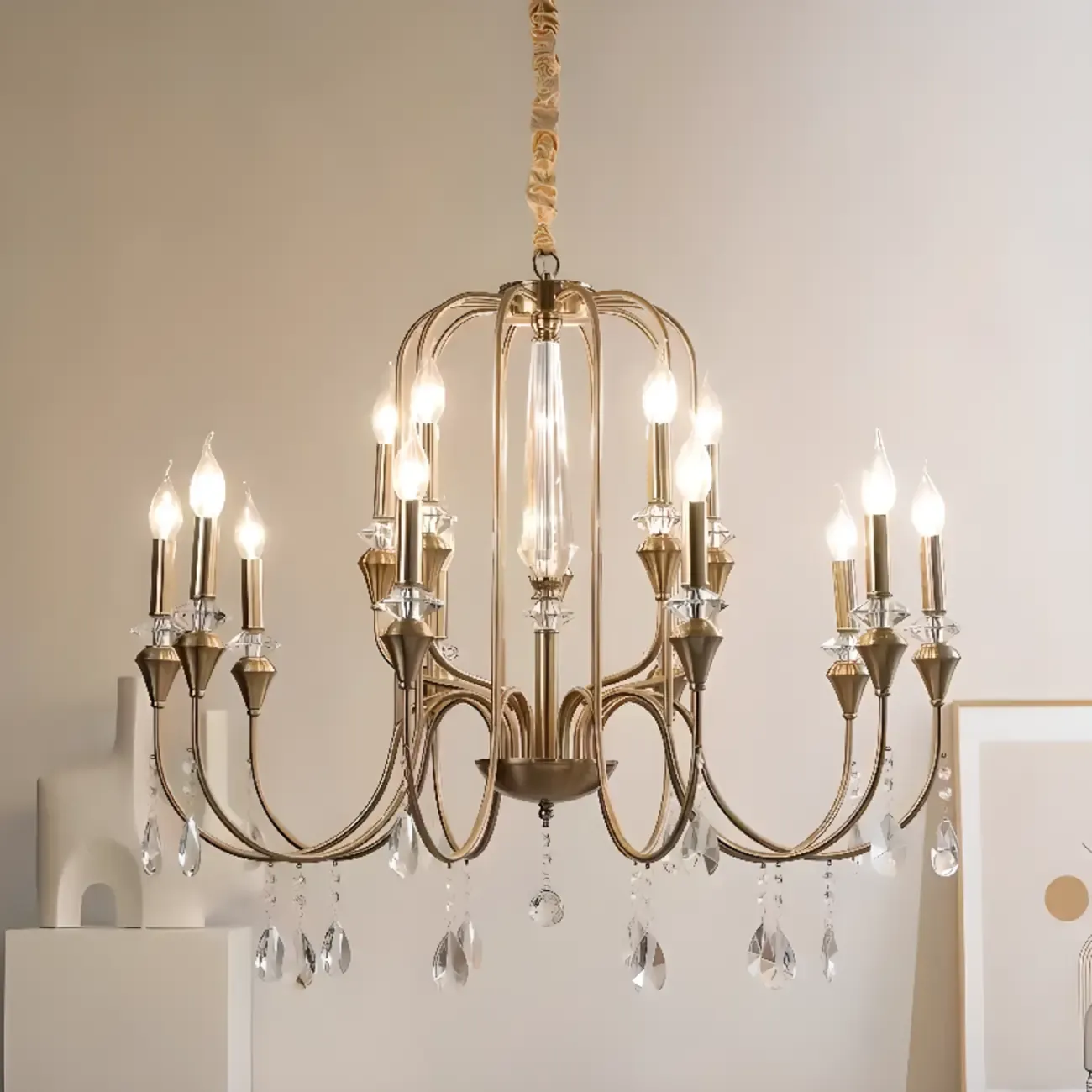 Mid-Century Modern Golden Sleek Candle Chandelier with Crystal Image - 6