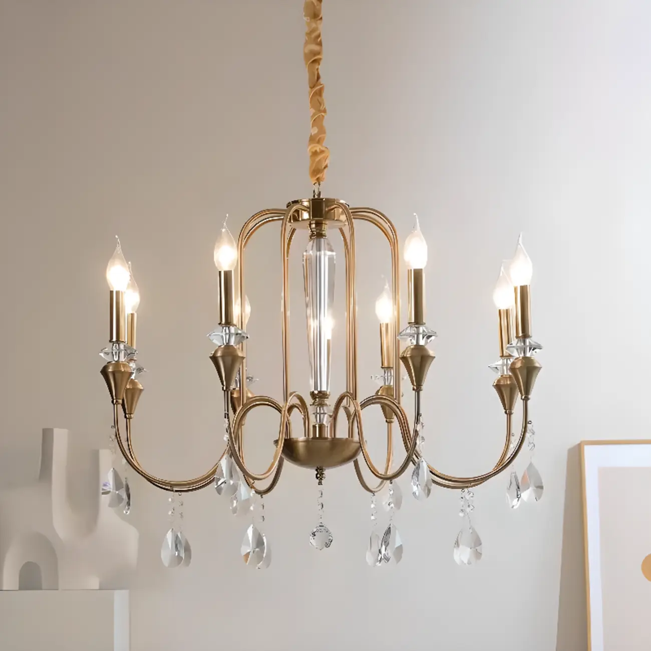 Mid-Century Modern Golden Sleek Candle Chandelier with Crystal Image - 5 | homeyfad