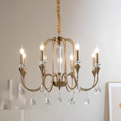 Mid-Century Modern Golden Sleek Candle Chandelier with Crystal Image - 5