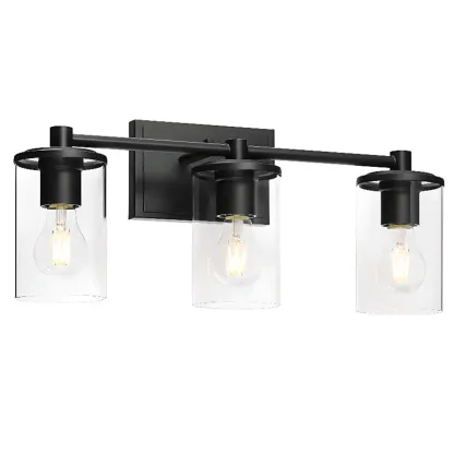 3-Light Black Clear Glass Cylinder Vanity Lights Image - 7