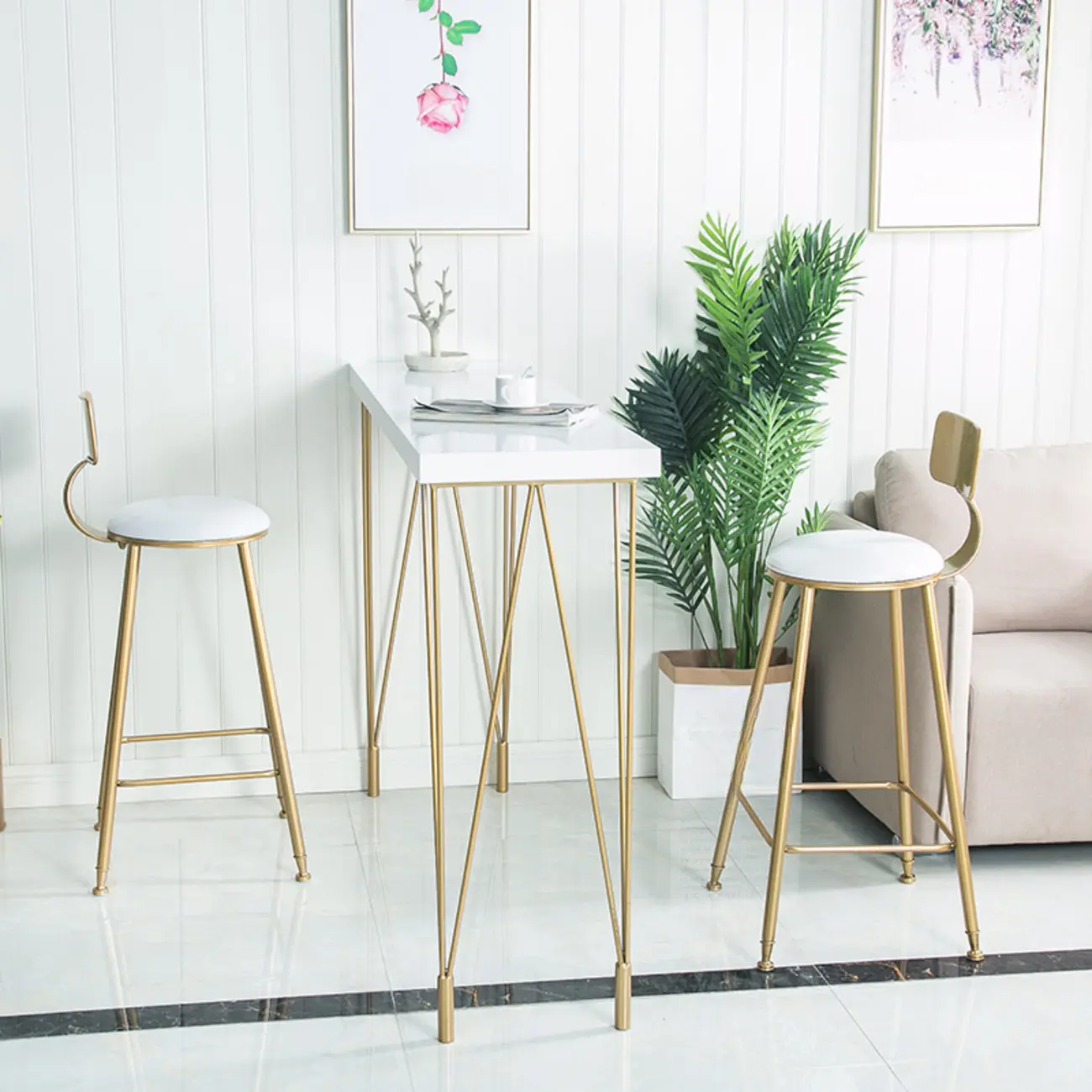 Sleek Counter Height Bar Table Wood Top Gold Base for Dining Image - 2 | homeyfad