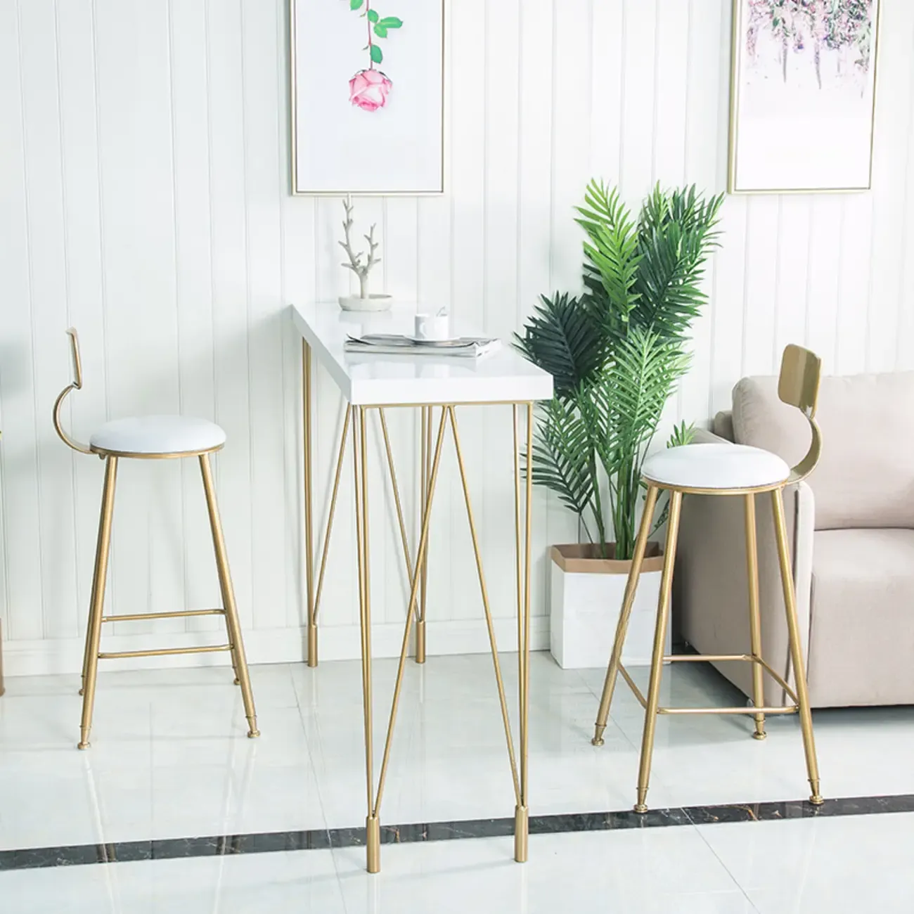 Sleek Counter Height Bar Table Wood Top Gold Base for Dining Image - 2