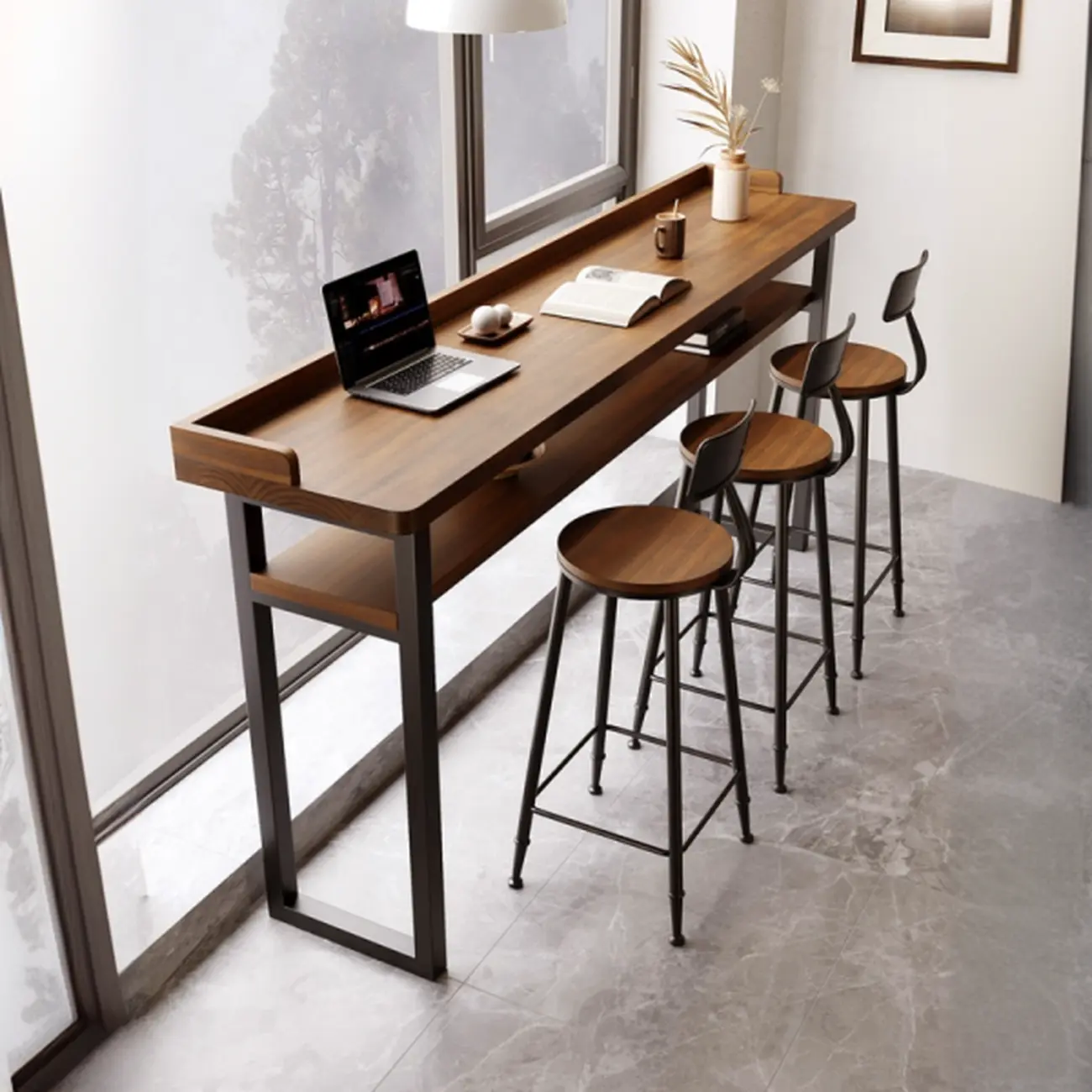 Sleek Brown Pine Shelf Storage Bar Tables Image - 2 | homeyfad