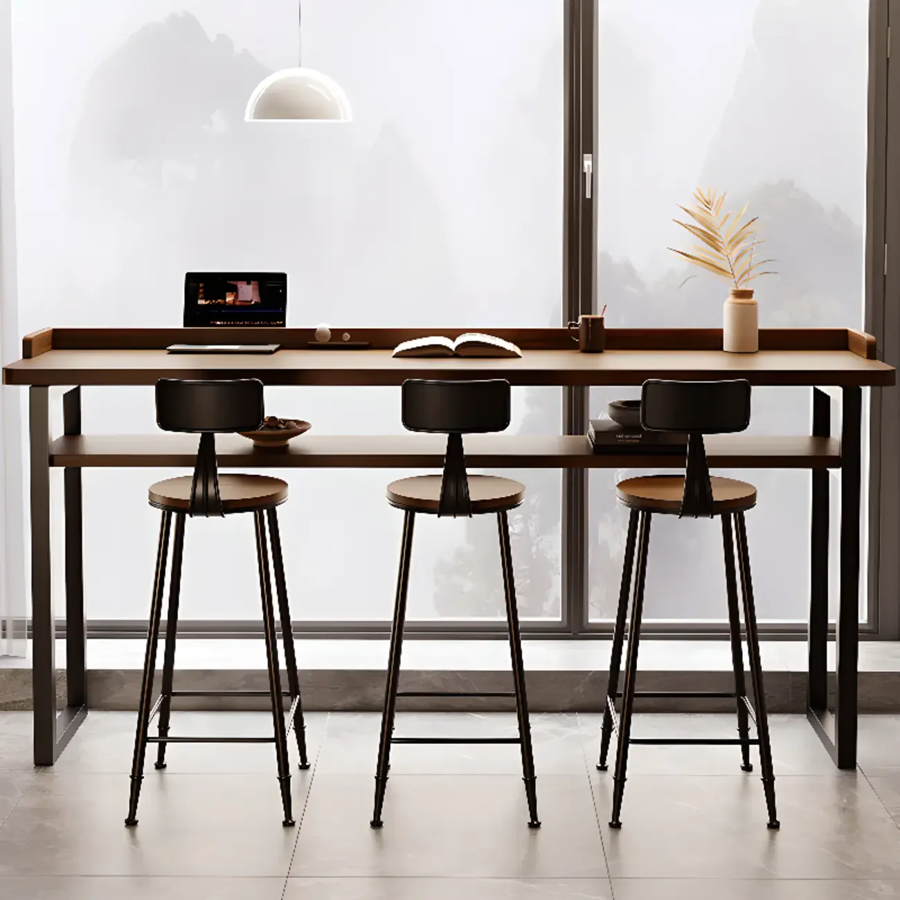 Sleek Brown Pine Shelf Storage Bar Tables Image - 3
