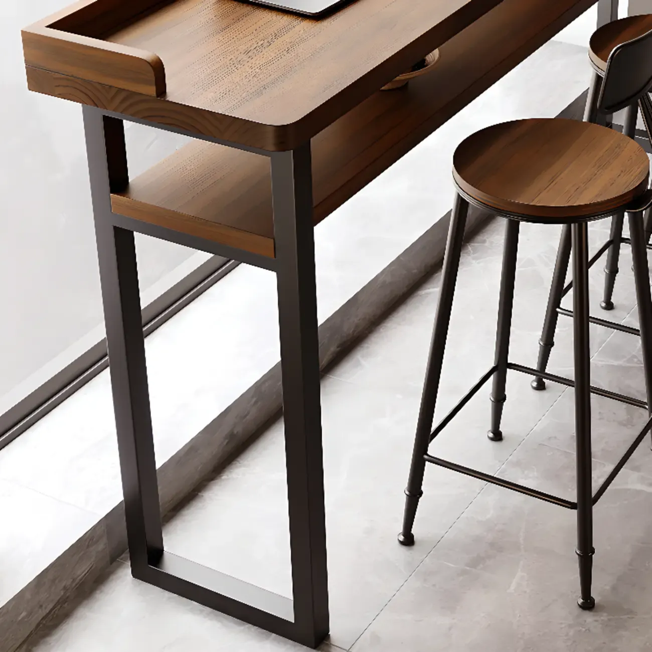 Sleek Brown Pine Shelf Storage Bar Tables Image - 5