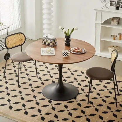 Casual Black Metal Wood Round Dining Table Image - 2