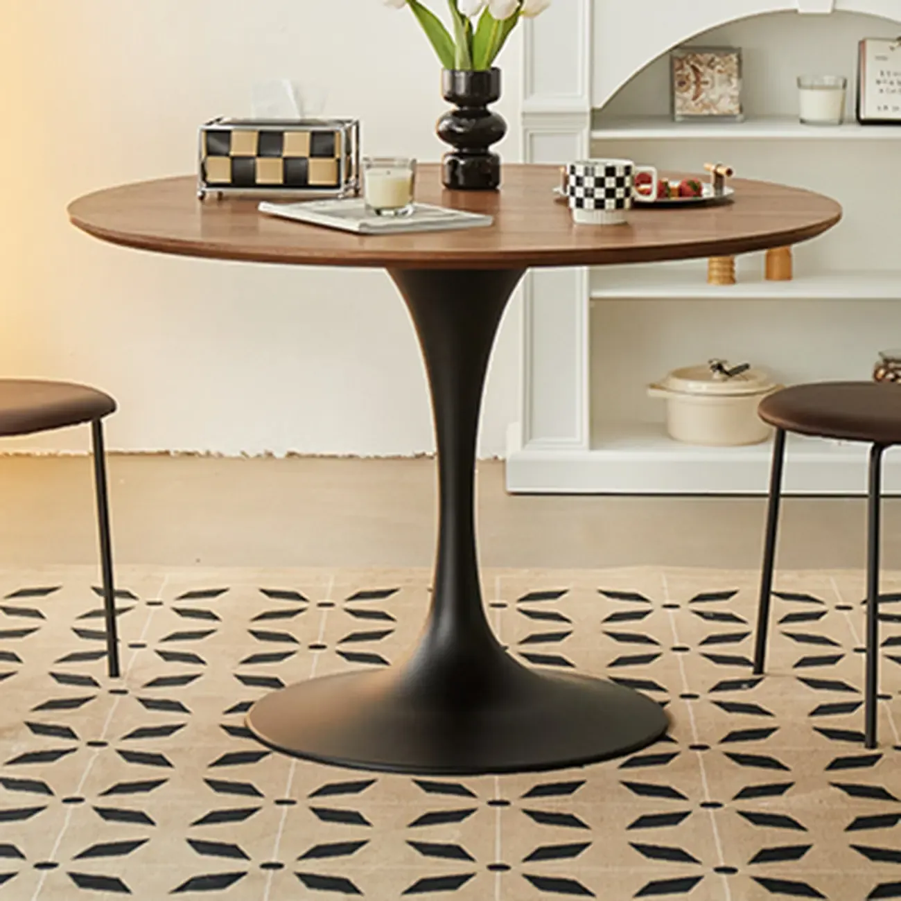 Casual Black Metal Wood Round Dining Table Image - 7