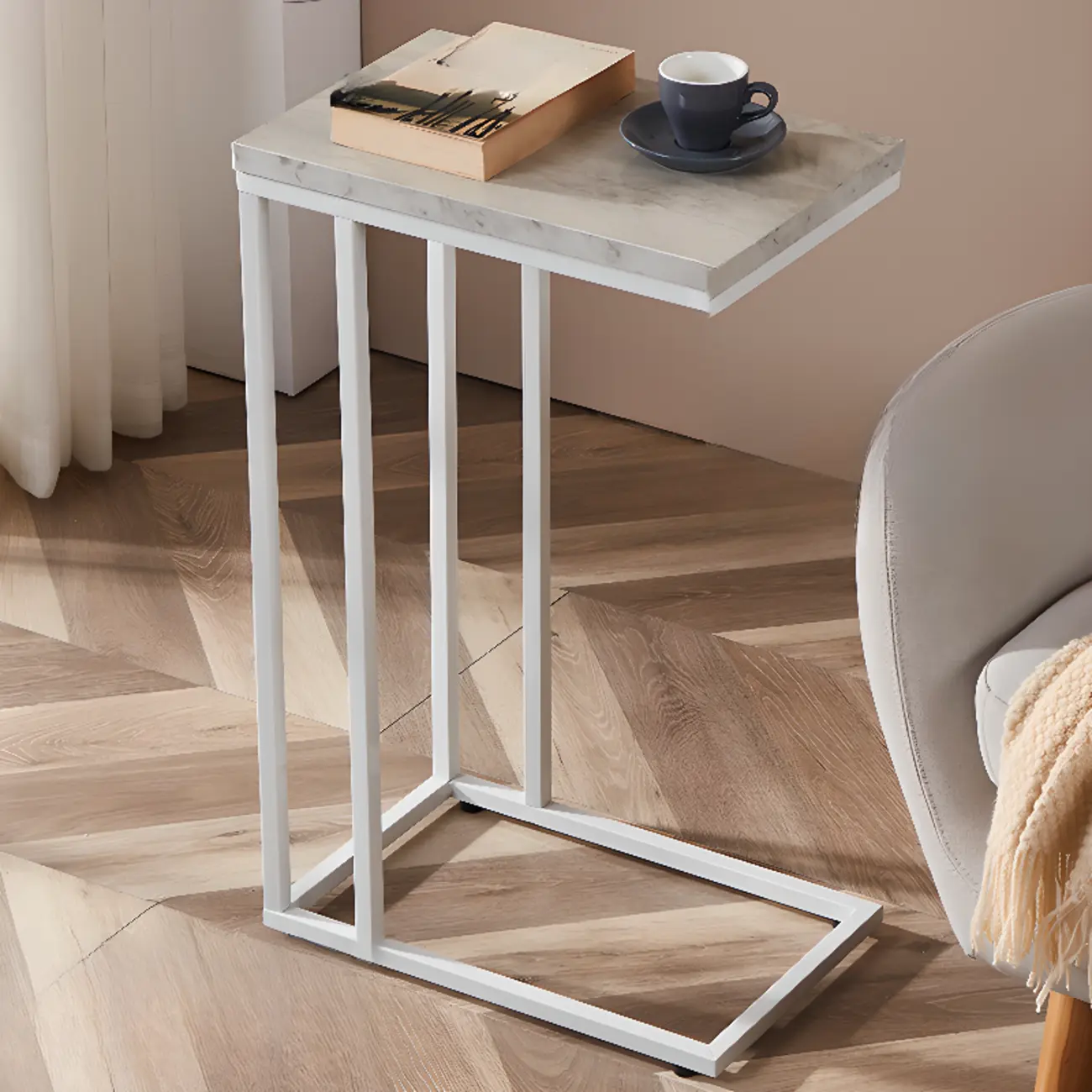 Minimalist C-Shaped White Wood End Table for Living Room Image - 2 | homeyfad