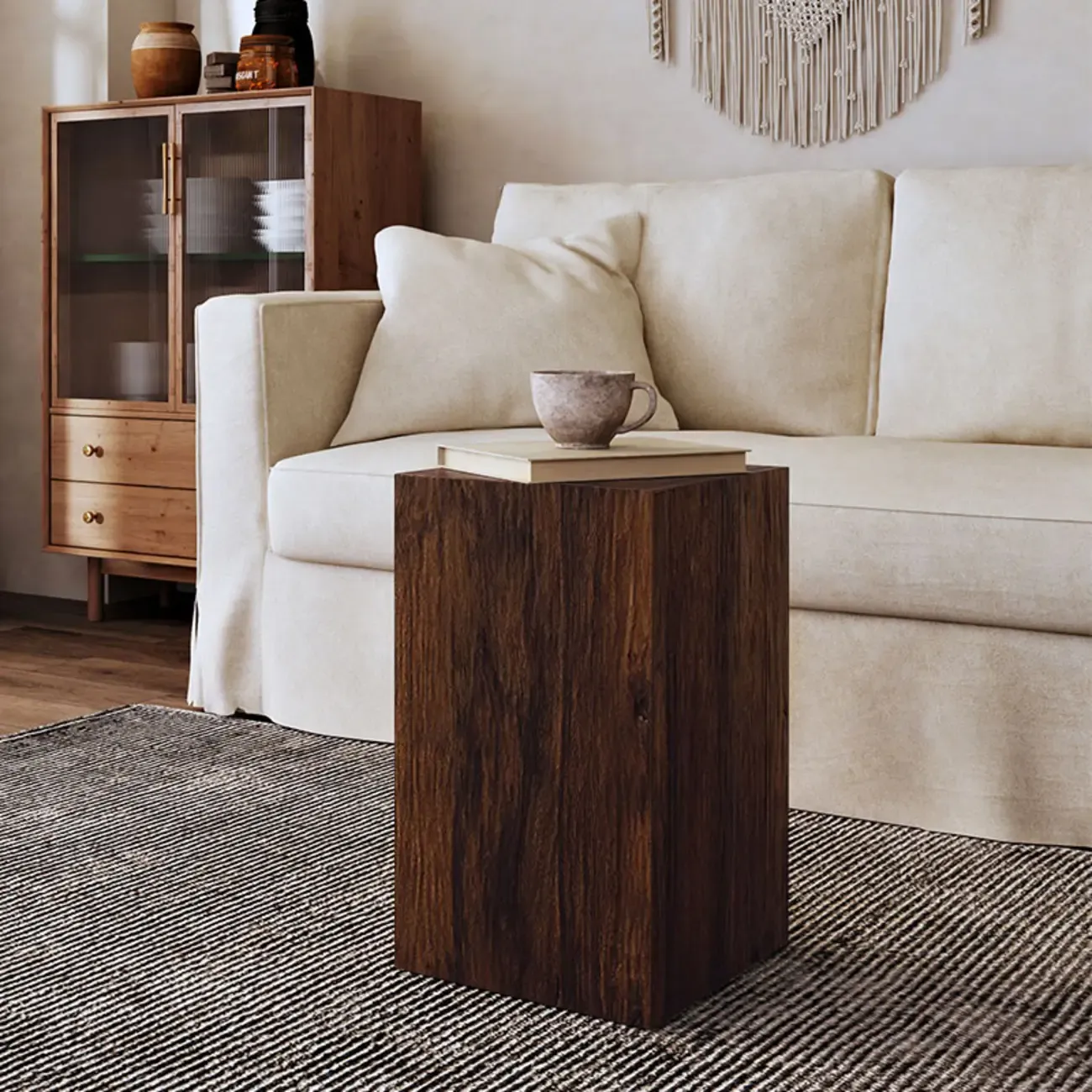 Pillar Rustic Pine Wood Square Accent Side Table Image - 3