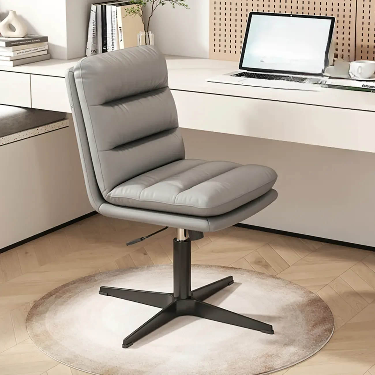 Casual Beige Leather Adjustable Office Chair Image - 21