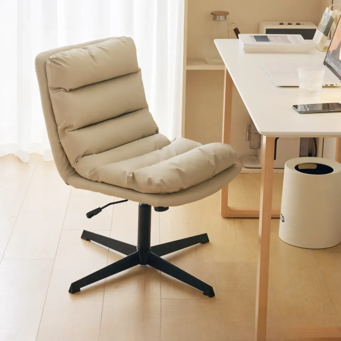 Casual Beige Leather Adjustable Office Chair Image - 30