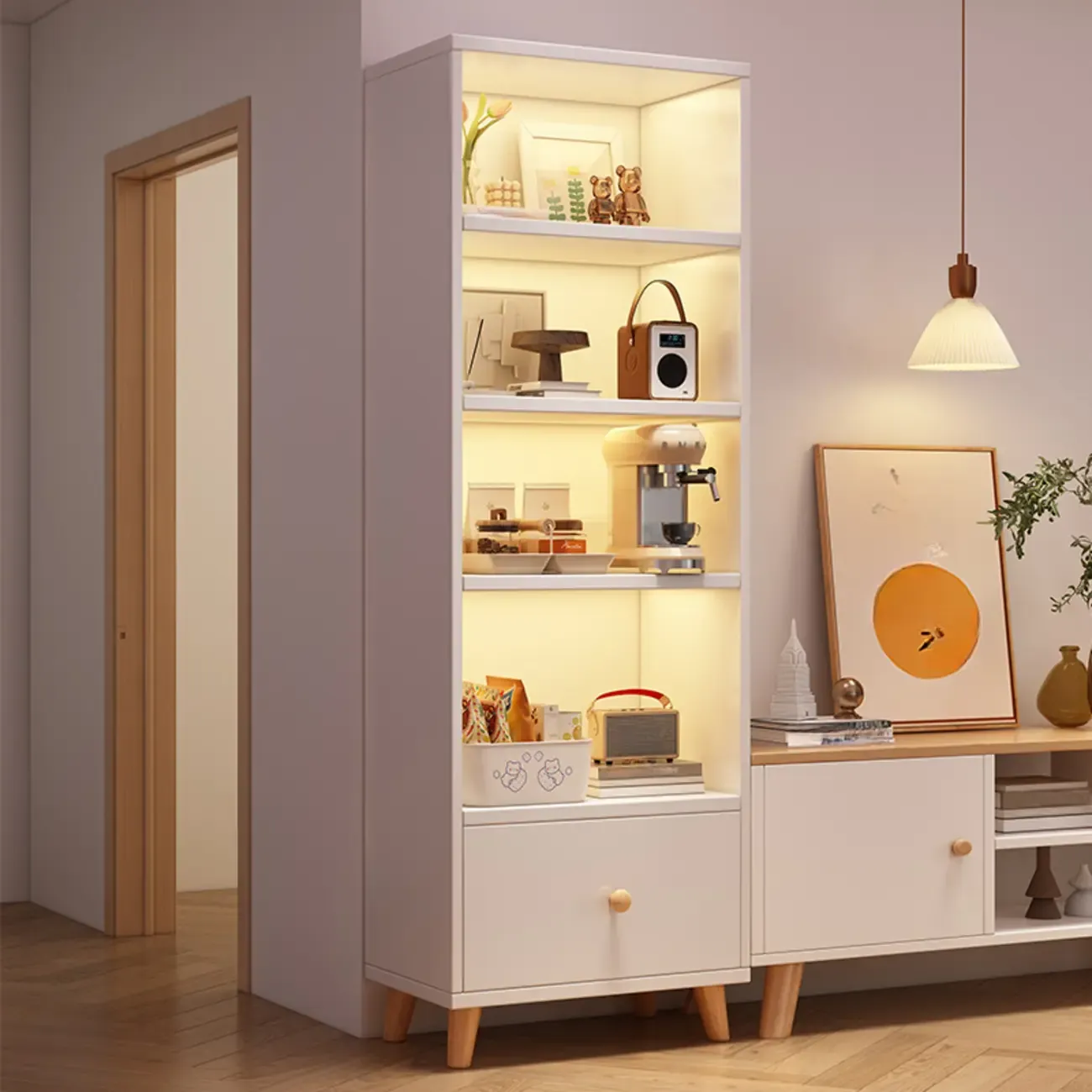 Tall Gray 4-Tier Open Back Wood Bookshelf with Drawer Image - 1