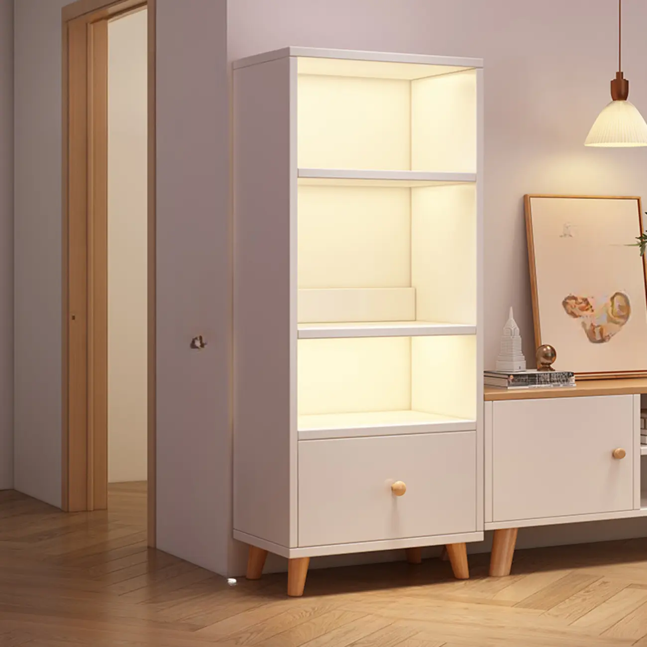 Tall Gray 4-Tier Open Back Wood Bookshelf with Drawer Image - 2 | homeyfad