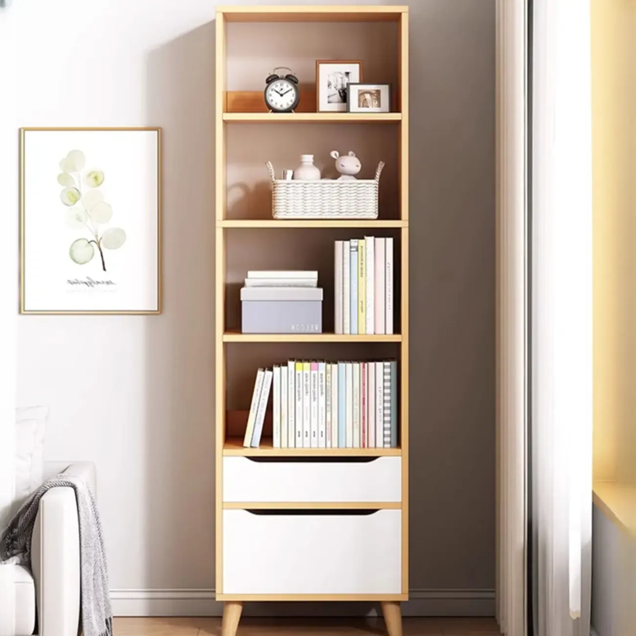 Tall Gray 4-Tier Open Back Wood Bookshelf with Drawer Image - 3