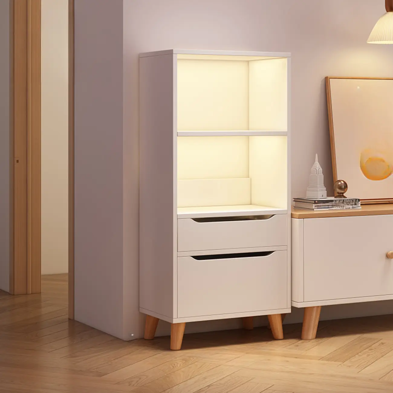 Tall Gray 4-Tier Open Back Wood Bookshelf with Drawer Image - 4 | homeyfad