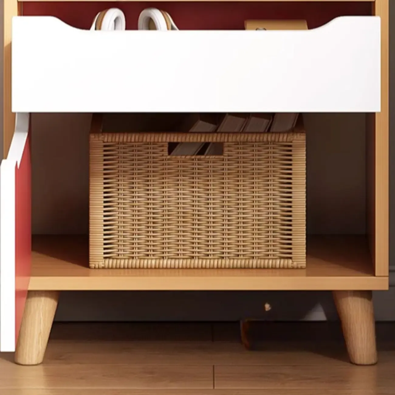 Tall Gray 4-Tier Open Back Wood Bookshelf with Drawer Image - 5