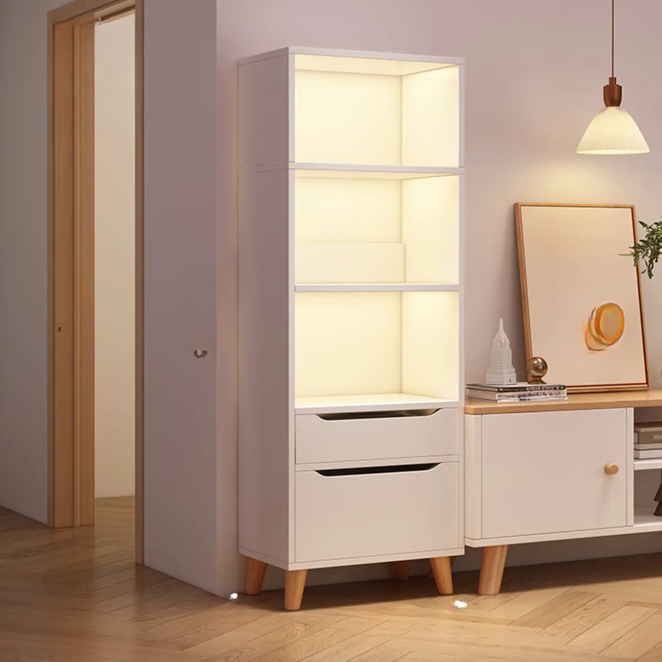 Tall Gray 4-Tier Open Back Wood Bookshelf with Drawer Image - 6 | homeyfad