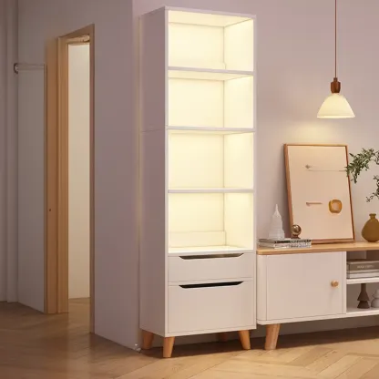 Tall Gray 4-Tier Open Back Wood Bookshelf with Drawer Image - 8