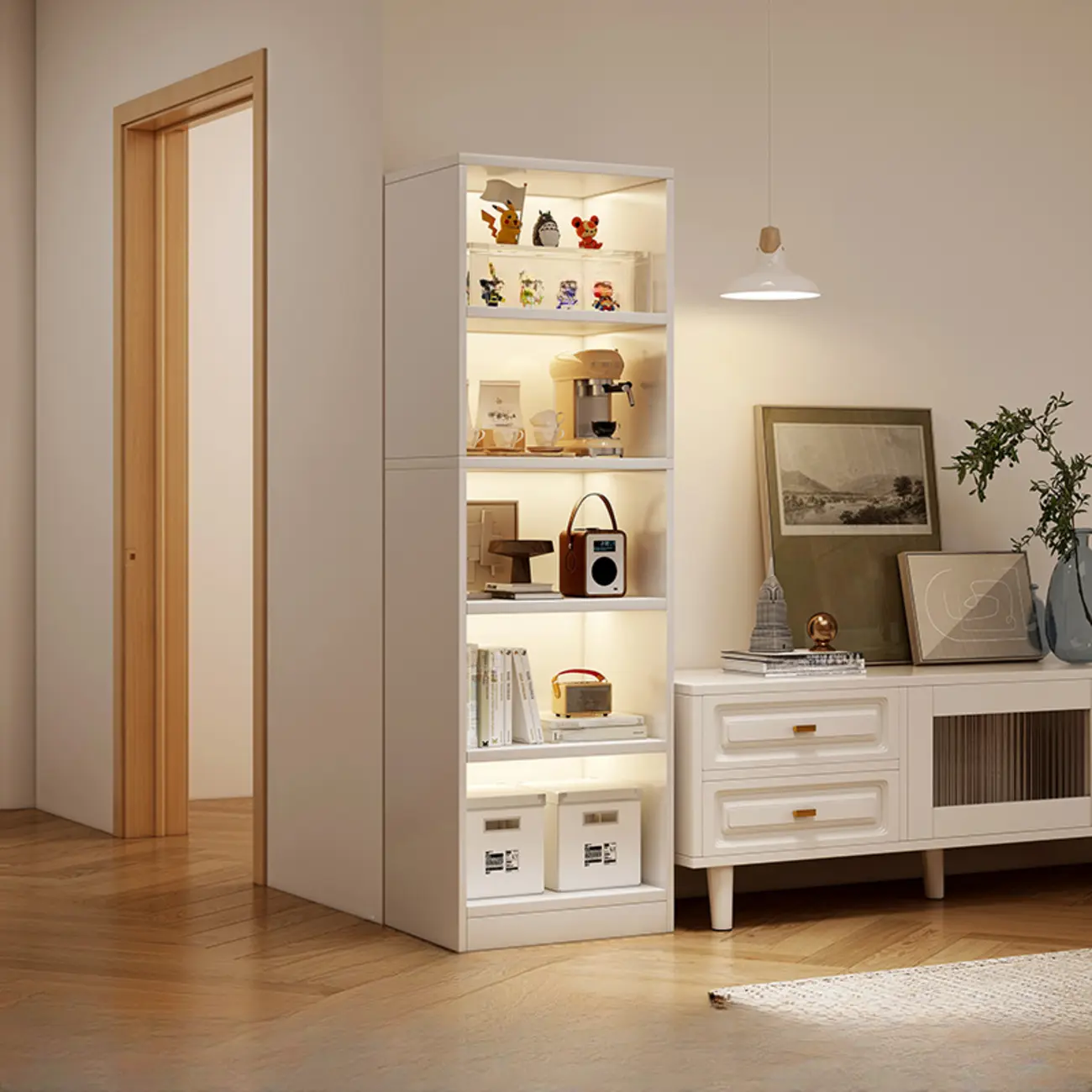 Tall Gray 4-Tier Open Back Wood Bookshelf with Drawer Image - 9 | homeyfad