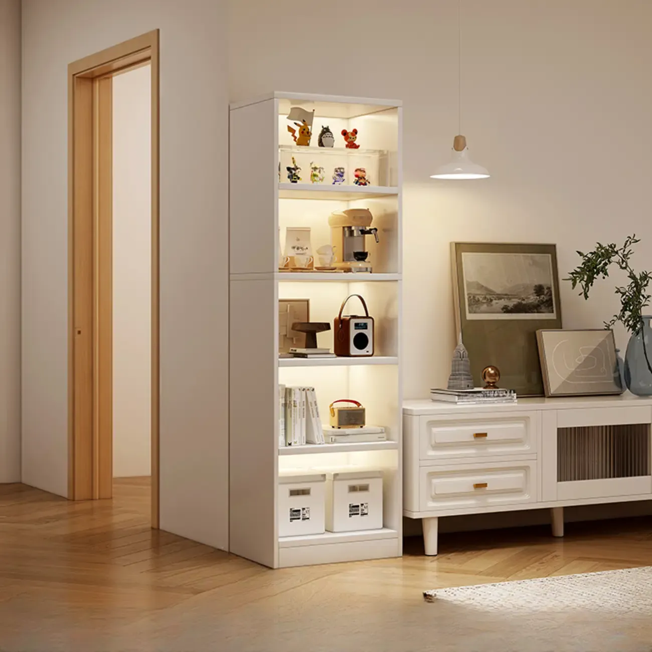 Tall Gray 4-Tier Open Back Wood Bookshelf with Drawer Image - 9