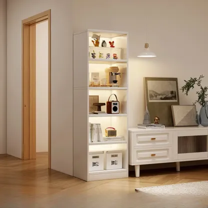 Tall Gray 4-Tier Open Back Wood Bookshelf with Drawer Image - 9