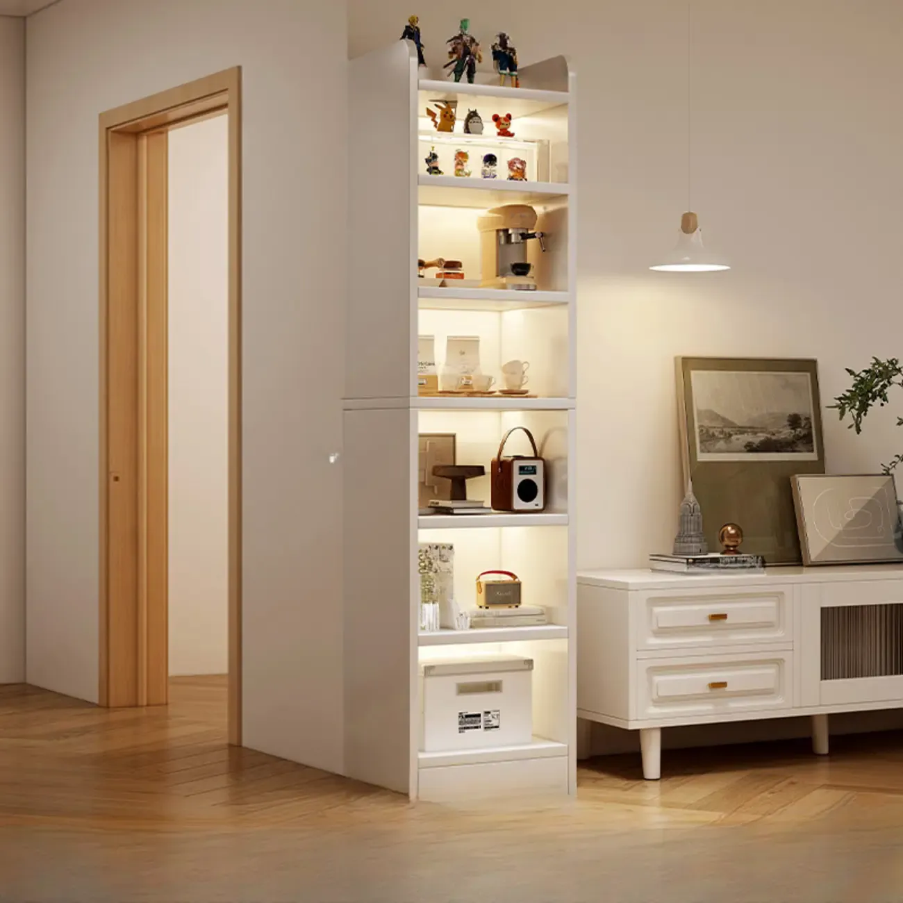 Tall Gray 4-Tier Open Back Wood Bookshelf with Drawer Image - 11