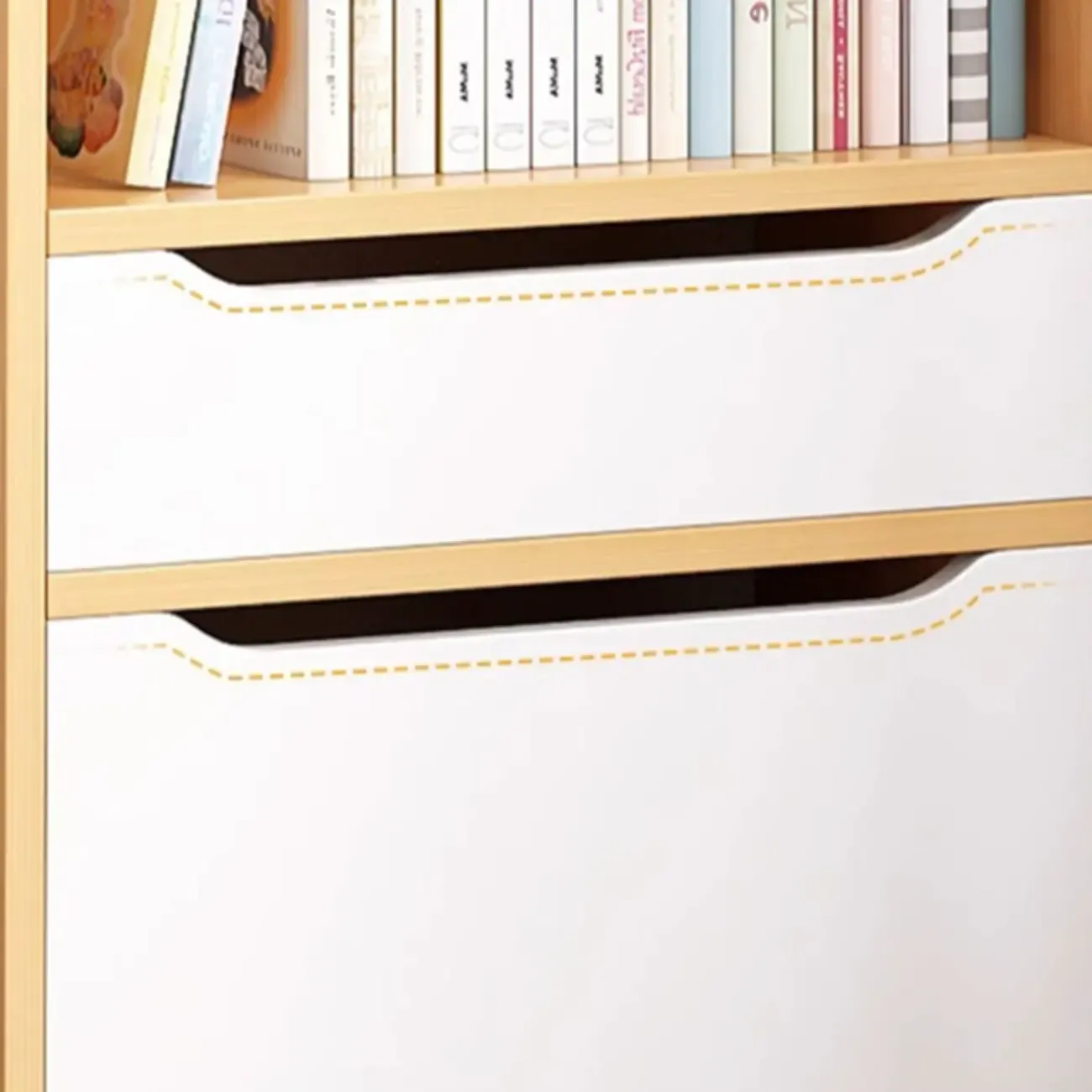 Tall Gray 4-Tier Open Back Wood Bookshelf with Drawer Image - 13