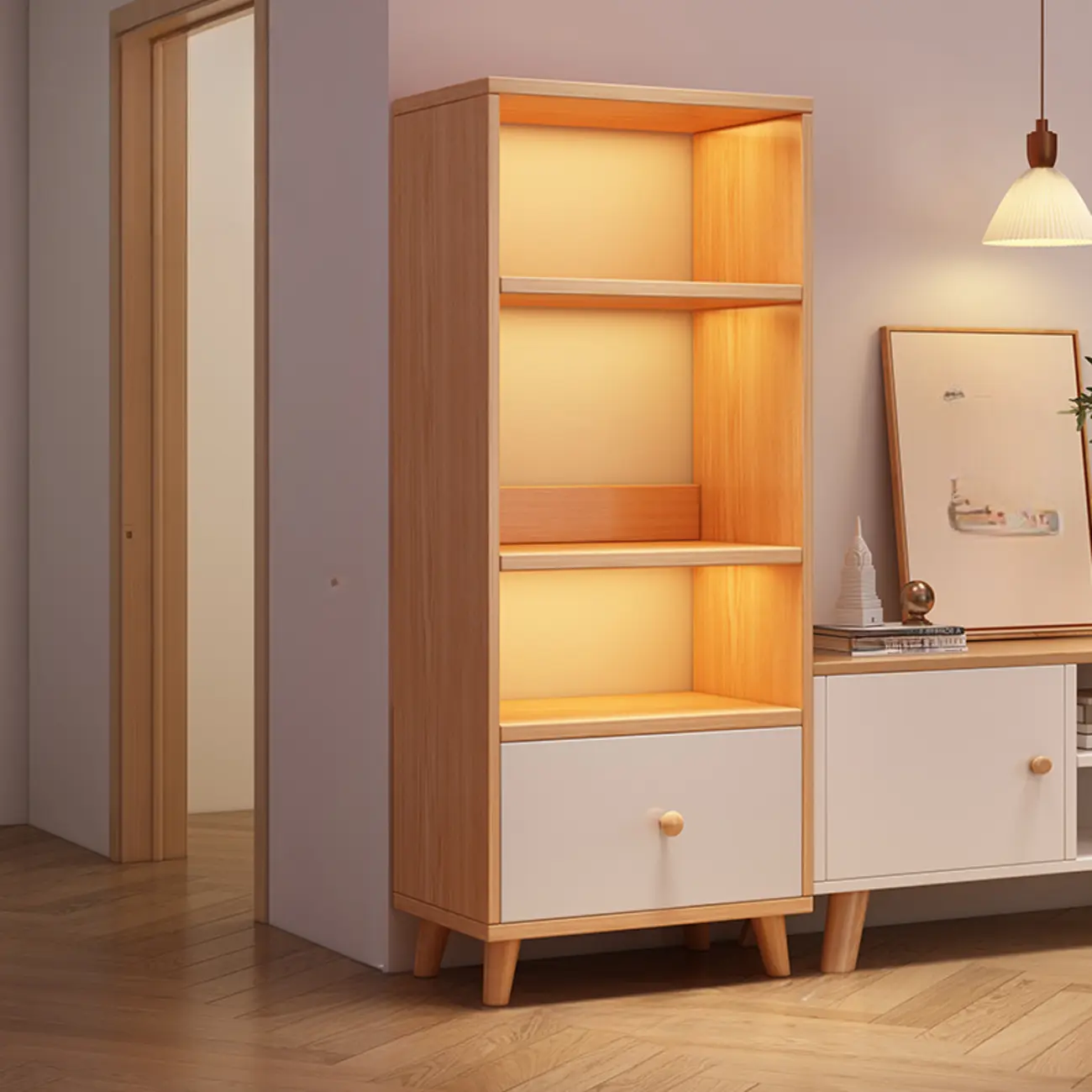 Tall Gray 4-Tier Open Back Wood Bookshelf with Drawer Image - 14 | homeyfad