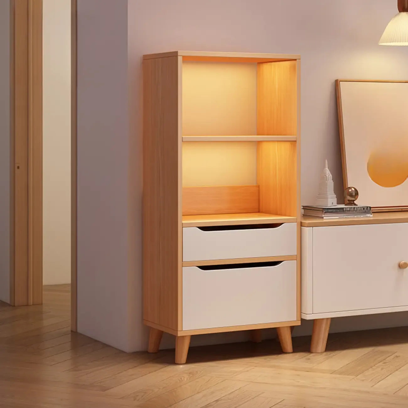 Tall Gray 4-Tier Open Back Wood Bookshelf with Drawer Image - 15