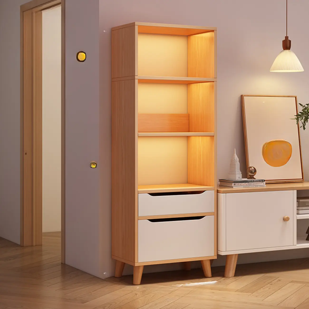 Tall Gray 4-Tier Open Back Wood Bookshelf with Drawer Image - 16 | homeyfad