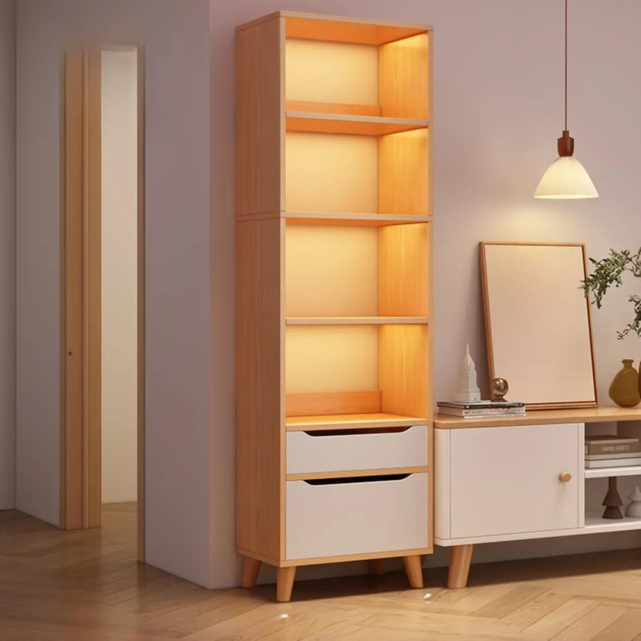 Tall Gray 4-Tier Open Back Wood Bookshelf with Drawer Image - 17