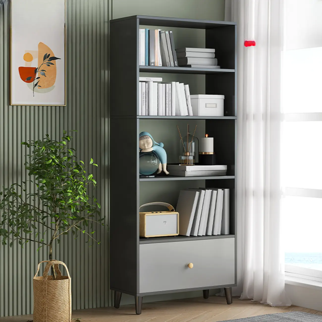 Tall Gray 4-Tier Open Back Wood Bookshelf with Drawer Image - 18 | homeyfad