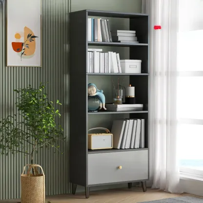 Tall Gray 4-Tier Open Back Wood Bookshelf with Drawer Image - 18