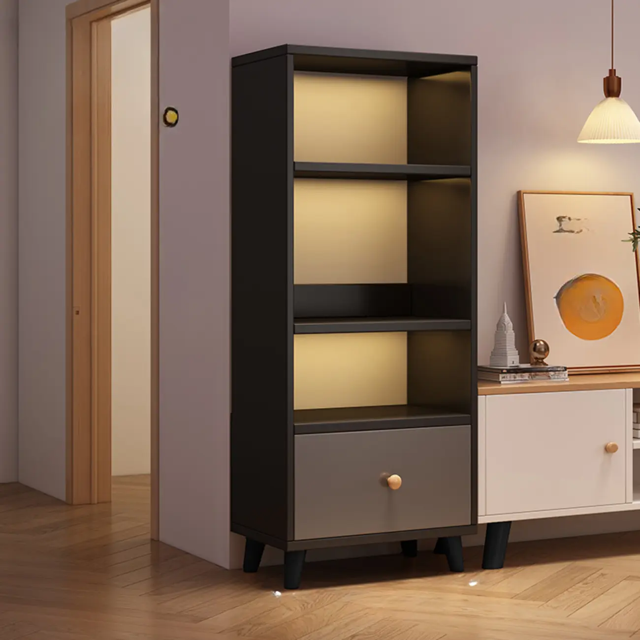 Tall Gray 4-Tier Open Back Wood Bookshelf with Drawer Image - 19 | homeyfad