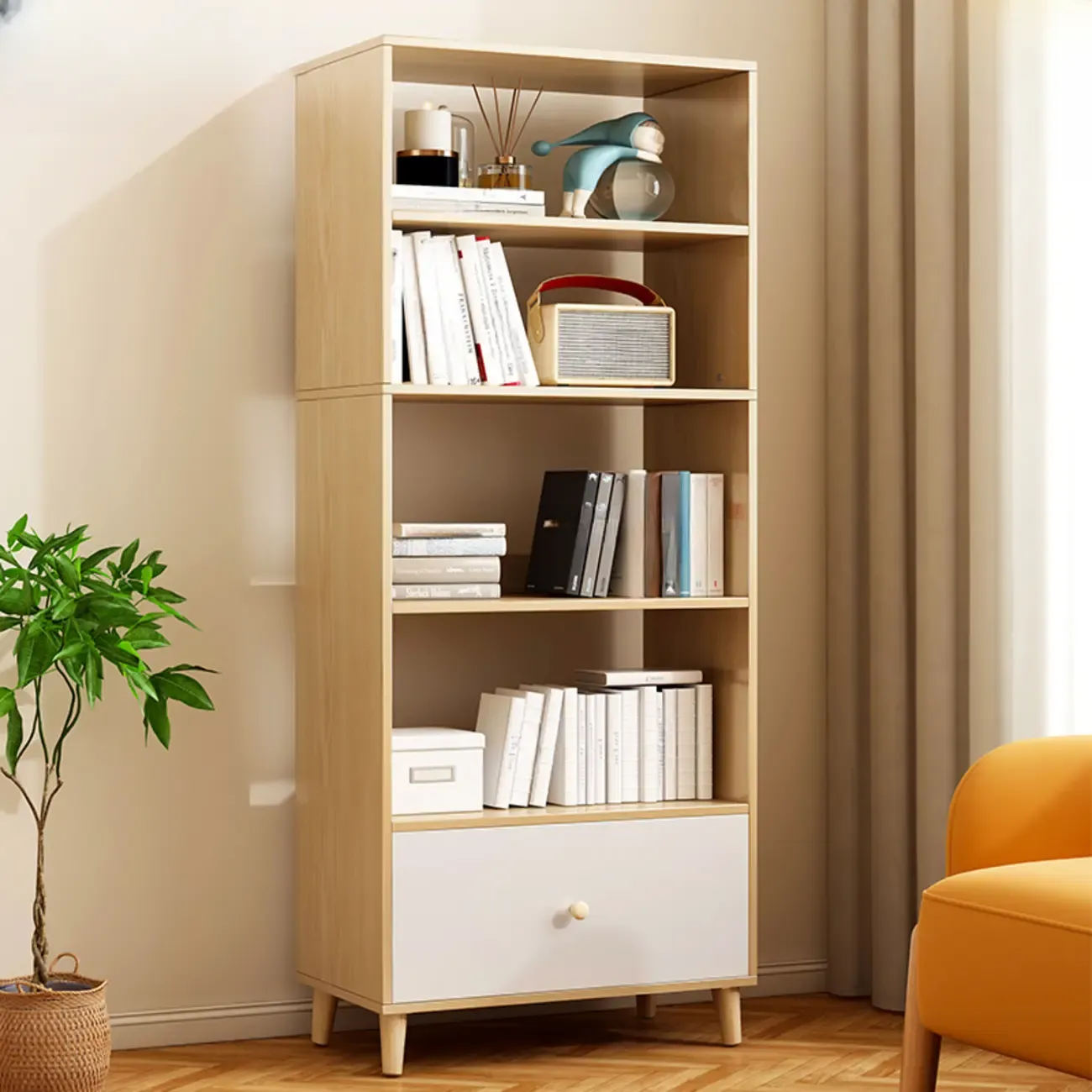 Tall Gray 4-Tier Open Back Wood Bookshelf with Drawer Image - 20