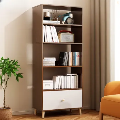 Tall Gray 4-Tier Open Back Wood Bookshelf with Drawer Image - 21