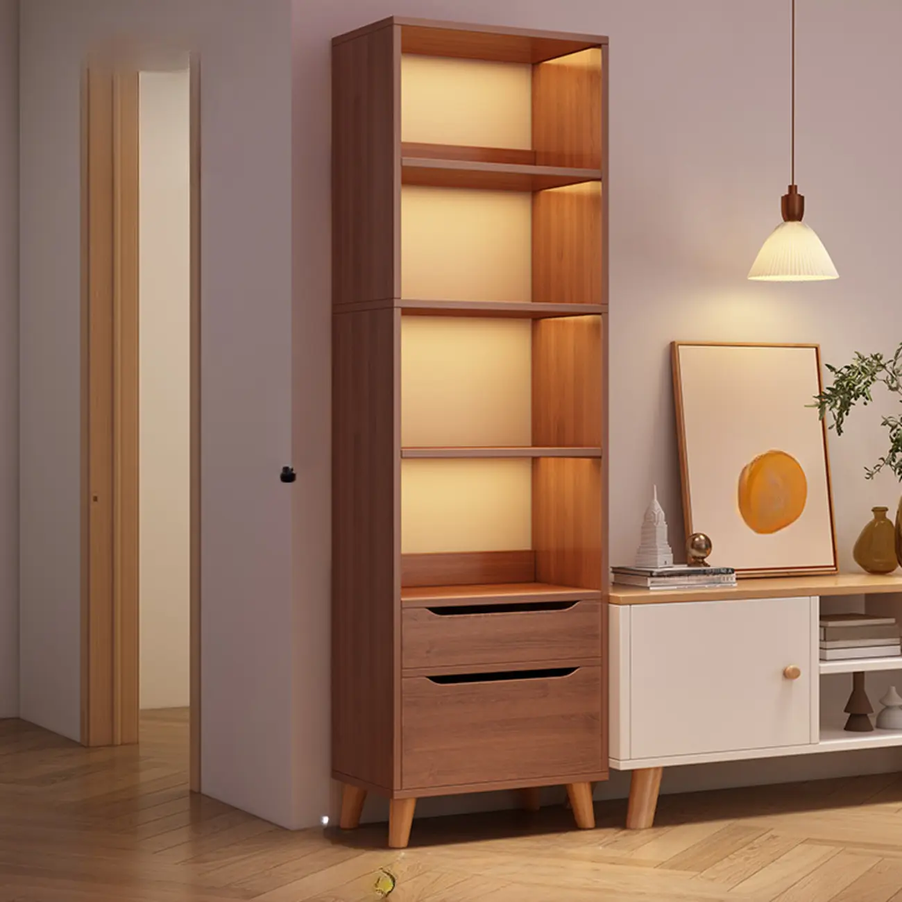 Tall Gray 4-Tier Open Back Wood Bookshelf with Drawer Image - 22 | homeyfad