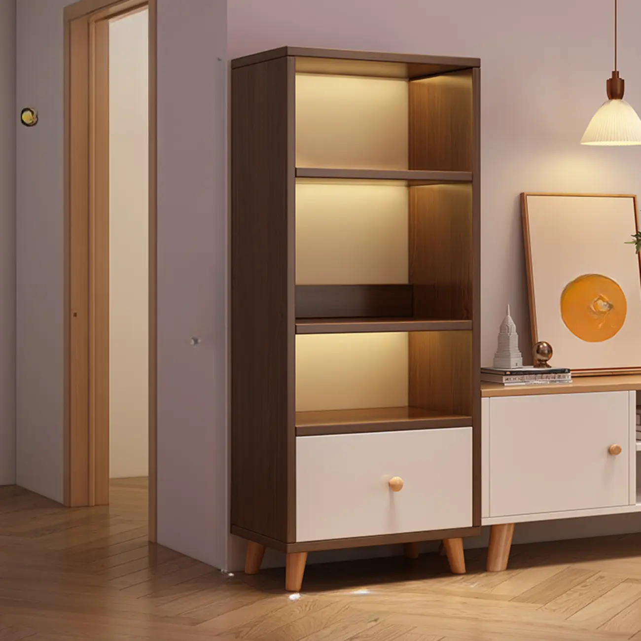 Tall Gray 4-Tier Open Back Wood Bookshelf with Drawer Image - 23 | homeyfad