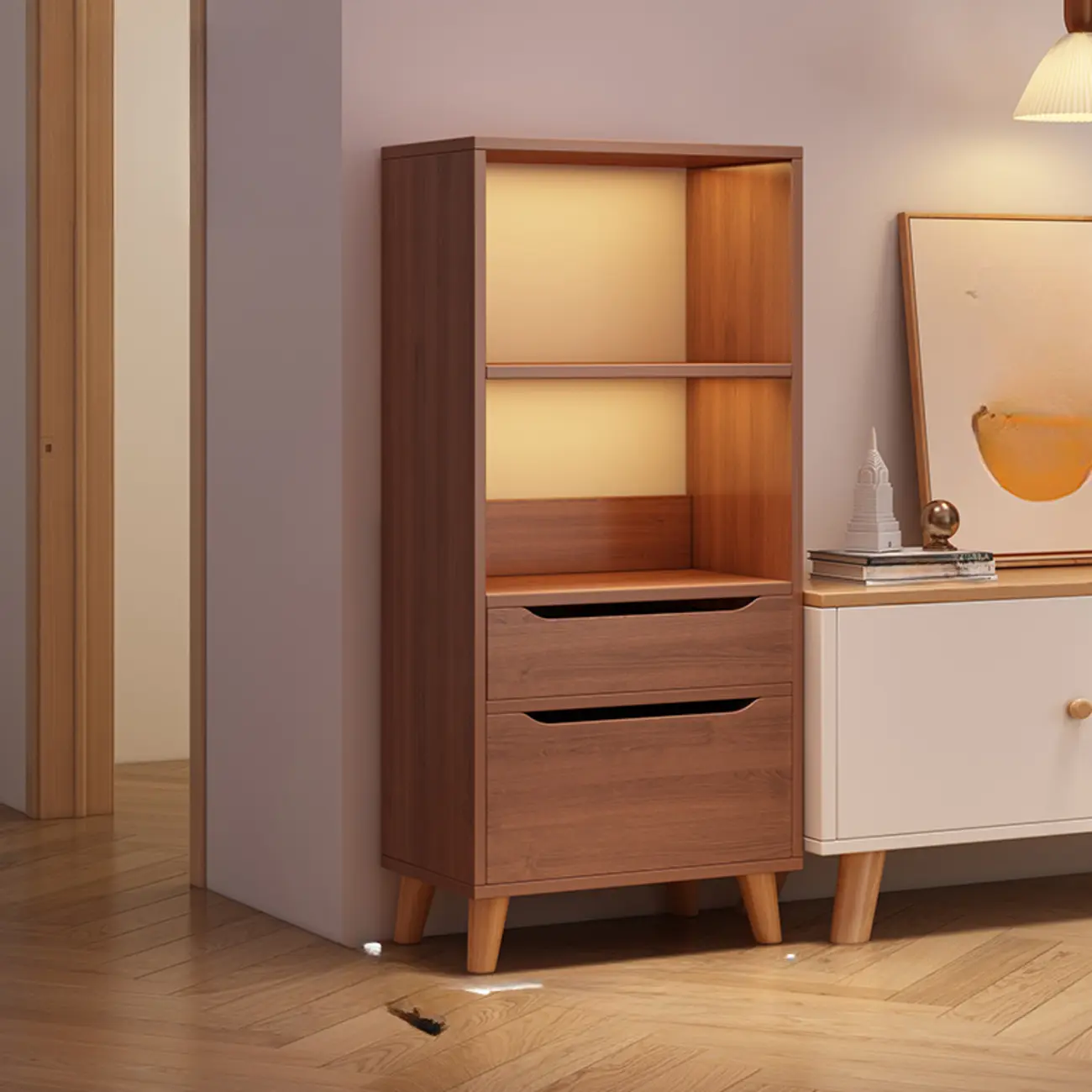 Tall Gray 4-Tier Open Back Wood Bookshelf with Drawer Image - 24 | homeyfad