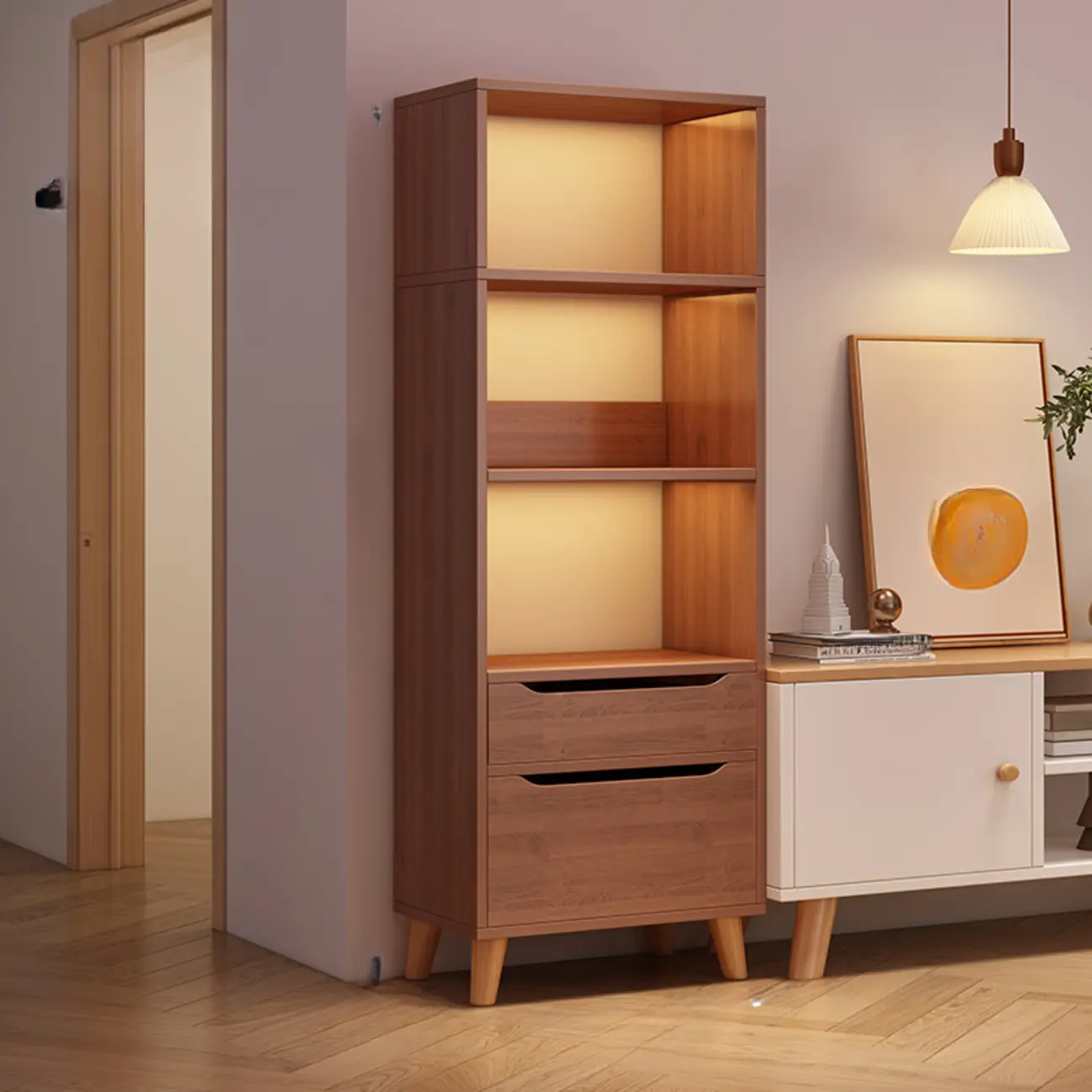 Tall Gray 4-Tier Open Back Wood Bookshelf with Drawer Image - 25 | homeyfad