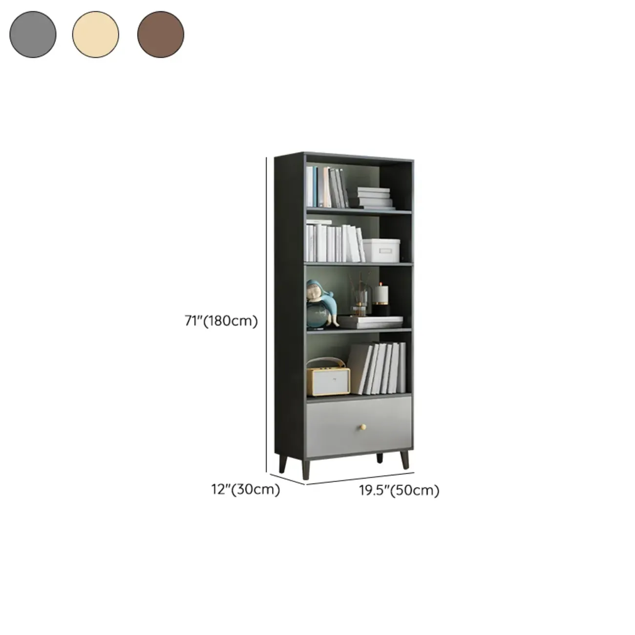 Tall Gray 4-Tier Open Back Wood Bookshelf with Drawer #size